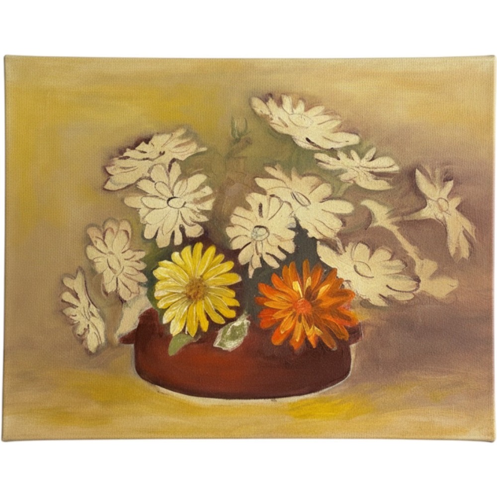 Original Floral Oil Painting Daisies Still Life Canvas 12x16 Cottagecore Vintage